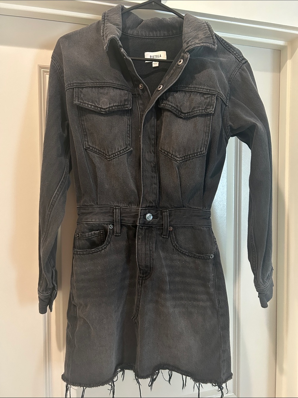 pistola Charcoal Black Washed Denim Utility Jacket Dress